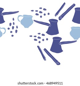 Seamless   horizontal pattern of  coffee theme, doodles,  objects, caps, grains,pots, cinnamon, copy space . Hand drawn.
