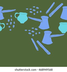 Seamless   horizontal pattern of  coffee theme, doodles,  objects, caps, grains,pots, cinnamon, copy space . Hand drawn.