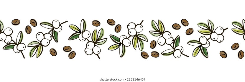 Seamless horizontal pattern coffee tree branch with leaves and grains. Natural cafe concept. Simple black line outline and color on white background. Design for packaging, advertising poster, template