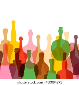 Seamless horizontal pattern. Colored silhouettes of bottles. Pattern for restaurants, bars, tasting rooms, shops.