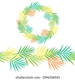 Seamless horizontal pattern of colorful abstract tropical leaves. Vegetable round frame. Isolated vector illustration. Flat