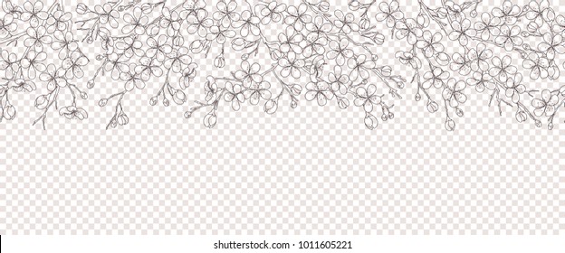 Seamless horizontal pattern with a contour of pink sakura flowers. Linear silhouette of a blossoming cherry on an isolated background.