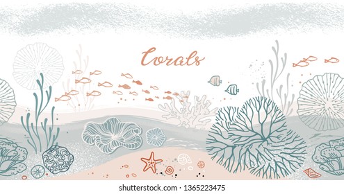Seamless horizontal pattern with corals, algae, fish, and starfish. Flat icons with sea plants and symbols. Set of color vector illustrations.