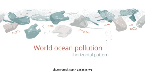 Seamless horizontal pattern with corals, algae, fish, and starfish. Flat icons with sea plants and symbols. Set of color vector illustrations.