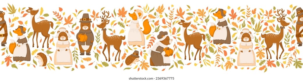 Seamless horizontal pattern with cute foxes, deers, bears, autumn leaves and branches isolated on white background. Vector illustration for print, wrapping paper, banner, card, wallpaper