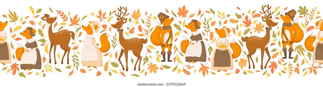 Seamless horizontal pattern with cute foxes, deers, autumn leaves and branches isolated on white background. Vector illustration for print, wrapping paper, banner, card, wallpaper