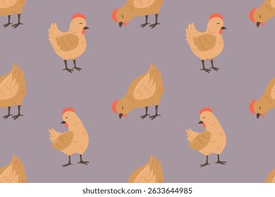 Seamless horizontal pattern with cute hen, chicks on purple background. Vector illustration for fabric, children textile, apparel, nursery decoration, gift wrap paper. 