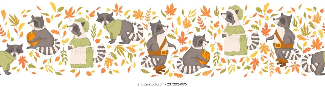 Seamless horizontal pattern with cute racoons, autumn leaves and branches isolated on white background. Vector illustration for print, wrapping paper, banner, card, wallpaper