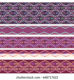 Seamless horizontal pattern with decorative elements. Traditional ethnic colored ornament. Vector set of 5. Classic design for fabric. Use for  embroidery, braid, tape, ribbon.