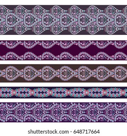 Seamless horizontal pattern with decorative elements. Traditional ethnic colored ornament. Vector set of 5. Classic design for fabric. Use for  embroidery, braid, tape, ribbon.