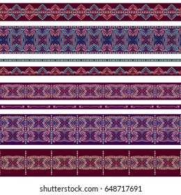 Seamless horizontal pattern with decorative elements. Traditional ethnic colored ornament. Vector set of 8. Classic design for fabric. Use for  embroidery, braid, tape, ribbon.