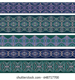 Seamless horizontal pattern with decorative elements. Traditional ethnic colored ornament. Vector set of 5. Classic design for fabric. Use for  embroidery, braid, tape, ribbon.