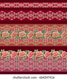 Seamless horizontal pattern with decorative elements with roses. Traditional colored ornament. Vector set of 4. Classic design for fabric. Use for textile design, embroidery, braid, tape, ribbon.