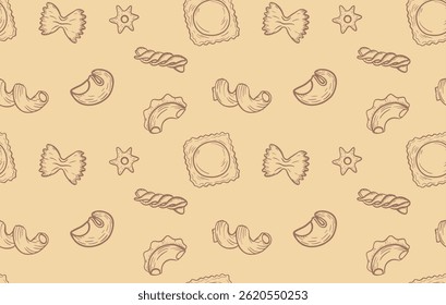 Seamless horizontal pattern with detailed hand-drawn Italian pasta engraving. A delicious and rustic vector repeat ideal for food packaging, kitchen decor, menu design, and culinary-themed prints.