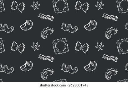 Seamless horizontal pattern with detailed hand-drawn Italian pasta engraving. A delicious and rustic vector repeat ideal for food packaging, kitchen decor, menu design, and culinary-themed prints.