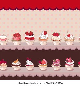 Seamless horizontal pattern with different kinds of fruit dessert on counter. Endless horizontal texture for your design, announcements, postcards, posters, restaurant menu.