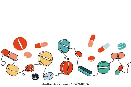 Nahtlose horizontale Muster mit verschiedenen Pillen auf weißem Hintergrund. Vektorgrafik.