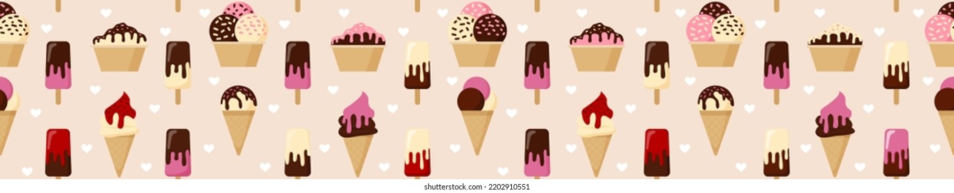 Seamless horizontal pattern with different types of ice cream and hearts on a pink background. Vector background in flat style.