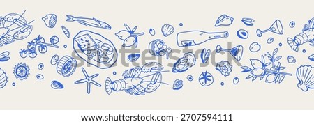 Seamless horizontal pattern, Dolce Vita doodles, Italian sea food. Seafood, lemons, Mediterranean coastal cuisine, outline drawings, repeating endless background design. Hand-drawn vector illustration