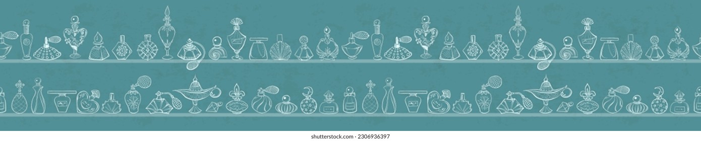 Seamless horizontal pattern with  doodle perfume bottles on blue background. Can be used for wallpaper, pattern fills, textile, web page background, surface textures