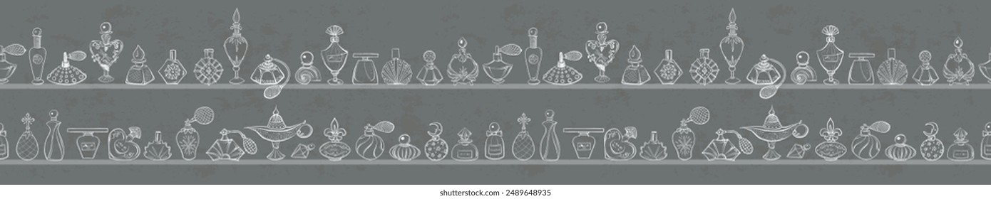Seamless horizontal pattern with  doodle perfume bottles on grey background. Can be used for wallpaper, pattern fills, textile, web page background, surface textures