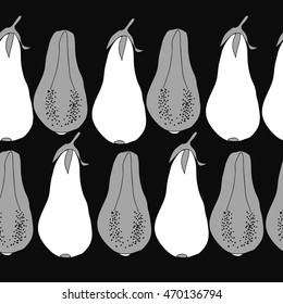 Seamless horizontal  pattern of  eggplants, harvest, doodles,  object, grains, vegetables, leaves. Hand drawn.