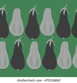 Seamless horizontal  pattern of  eggplants, harvest, doodles,  object, grains, vegetables, leaves. Hand drawn.