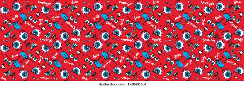 Seamless horizontal pattern. Emoji face with ductile facial expressions. Handwritten lettering. Funny doodle. Vector templates for typography or banner or web design.