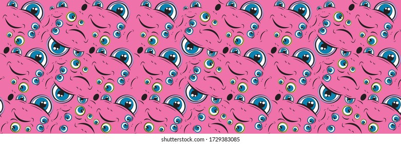 Seamless horizontal pattern. Emoji face with ductile facial expressions. Funny doodle. Vector templates for typography or banner or web design.