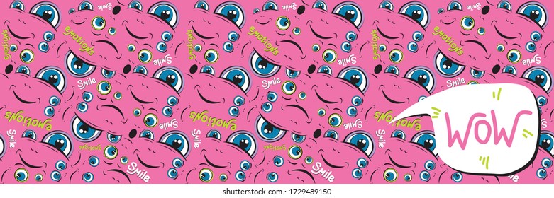 Seamless horizontal pattern. Emoji face with ductile facial expressions. Handwritten lettering. With place for text in a bubble. Funny doodle. Vector templates for typography or banner or web design.