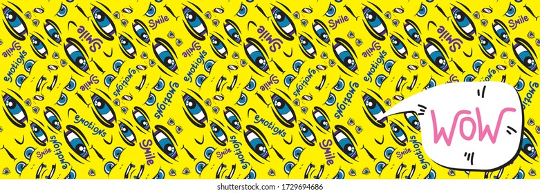 Seamless horizontal pattern. Emoji face with ductile facial expressions. Handwritten lettering. With place for text in a bubble. Funny doodle. Vector templates for typography or banner or web design.