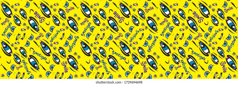 Seamless horizontal pattern. Emoji face with ductile facial expressions. Handwritten lettering. Funny doodle. Vector templates for typography or banner or web design.
