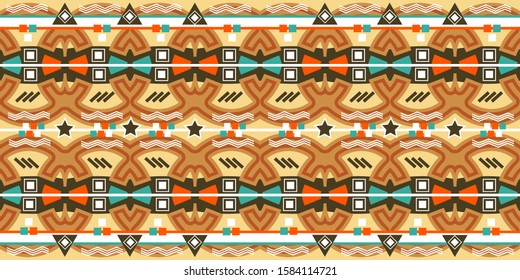 Seamless horizontal pattern with ethnic and geometric elements. Vector illustration