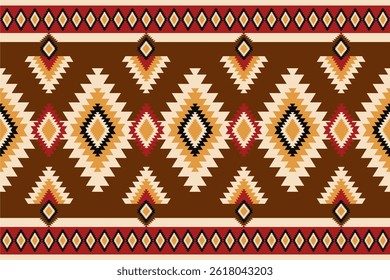 A seamless horizontal pattern features southwestern tribal shapes in beige brown and cream for an geometric ethnic pattern style design element here.