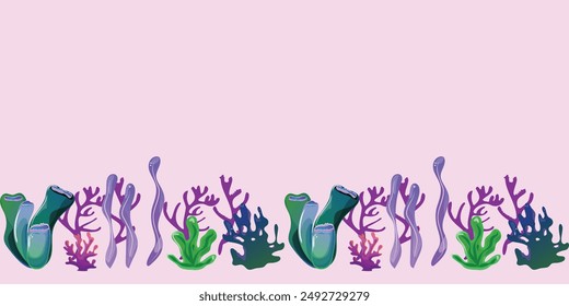 Seamless horizontal pattern featuring vibrant seagrass and corals at the bottom set against a pink and purple background. Perfect for textile, paper and wallpaper designs