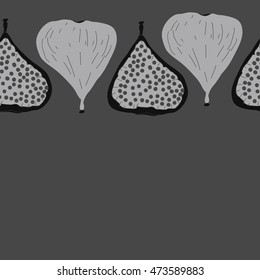 Seamless  horizontal pattern with  figs,ellipses, fruits, harvest, object, ellipses, grains, copy space . Hand drawn.