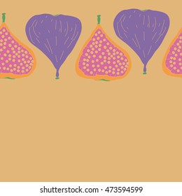 Seamless  horizontal pattern with  figs,ellipses, fruits, harvest, object, ellipses, grains, copy space . Hand drawn.