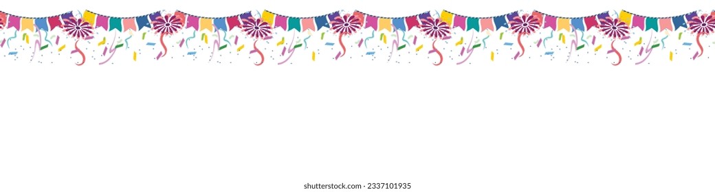 Seamless horizontal pattern with fireworks, confetti and decorative garland on white background. 
