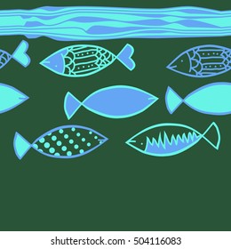 Seamless horizontal  pattern with fishes motif, stripes. Halftone.