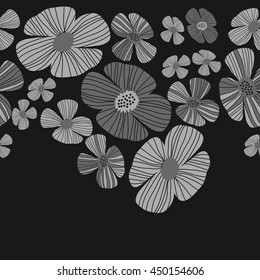 Seamless horizontal  pattern of floral motif, doodles, flowers, leaves, stripes, spot, hole,  object, copy space . Hand drawn.