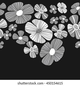 Seamless horizontal  pattern of floral motif, doodles, flowers, leaves, stripes, spot, hole,  object, copy space . Hand drawn.