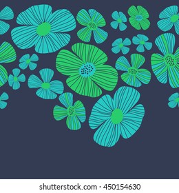 Seamless horizontal  pattern of floral motif, doodles, flowers, leaves, stripes, spot, hole,  object, copy space . Hand drawn.