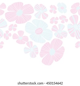 Seamless horizontal  pattern of floral motif, doodles, flowers, leaves, stripes, spot, hole,  object, copy space . Hand drawn.