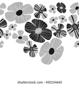 Seamless horizontal  pattern of floral motif, doodles, flowers, leaves, stripes, spot, hole,  object, copy space . Hand drawn.