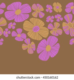 Seamless horizontal  pattern of floral motif, doodles, flowers, leaves, stripes, spot, hole,  object, copy space . Hand drawn.