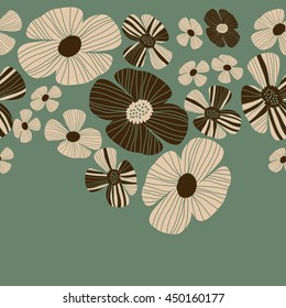 Seamless horizontal  pattern of floral motif, doodles, flowers, leaves, stripes, spot, hole,  object, copy space . Hand drawn.