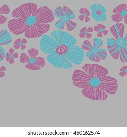 Seamless horizontal  pattern of floral motif, doodles, flowers, leaves, stripes, spot, hole,  object, copy space . Hand drawn.