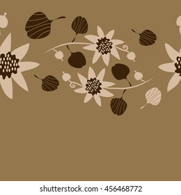 Seamless horizontal   pattern of floral motif, doodles, flowers, leaves, spot, branch, spirals, hole,  object, copy space. Hand drawn.