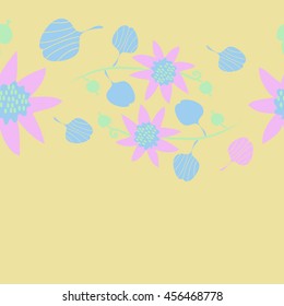 Seamless horizontal   pattern of floral motif, doodles, flowers, leaves, spot, branch, spirals, hole,  object, copy space. Hand drawn.