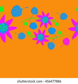 Seamless horizontal   pattern of floral motif, doodles, flowers, leaves, spot, branch, spirals, hole,  object, copy space. Hand drawn.